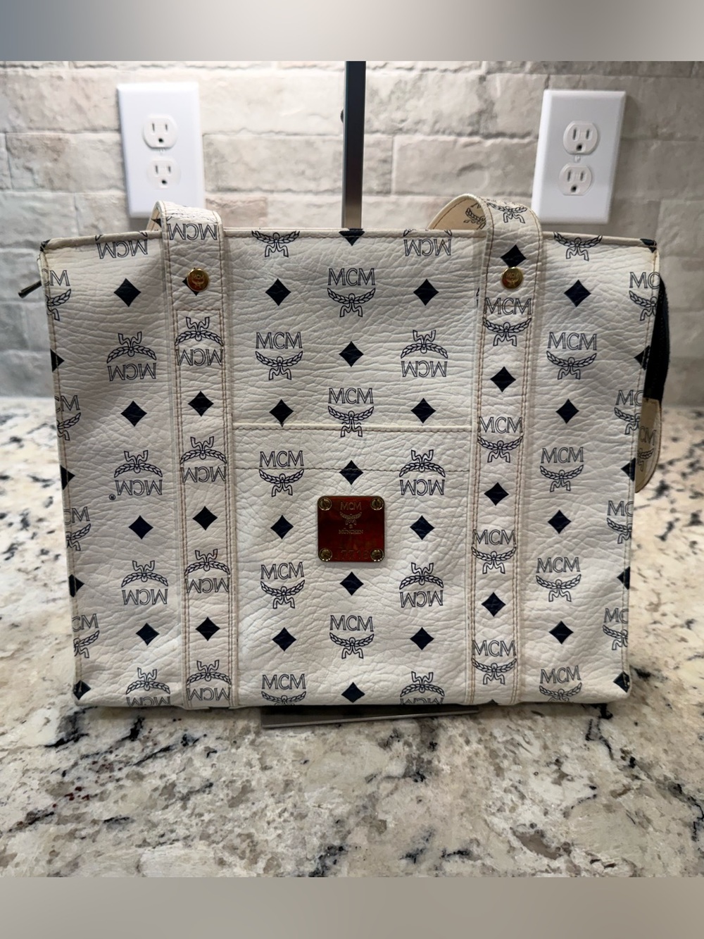 MCM EUC Vintage White Visetos Tote w/Black Accents